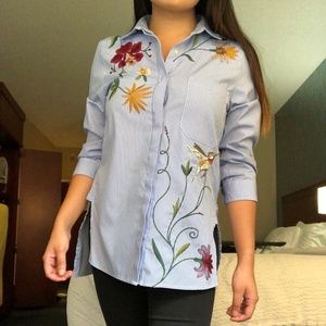 Floral Embroidered Stripped Button Down Zara Woman